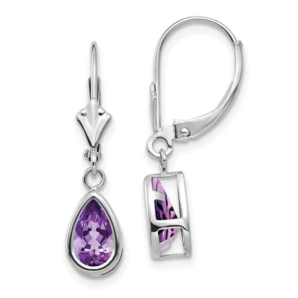 Kazi Luxury 14k White Gold 8x5mm Pear Amethyst Leverback Earrings